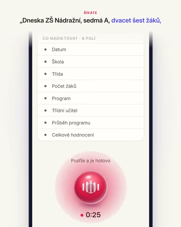 Nahrávání: podržíte tlačítko a vlastními slovy řeknete, jak program proběhl.