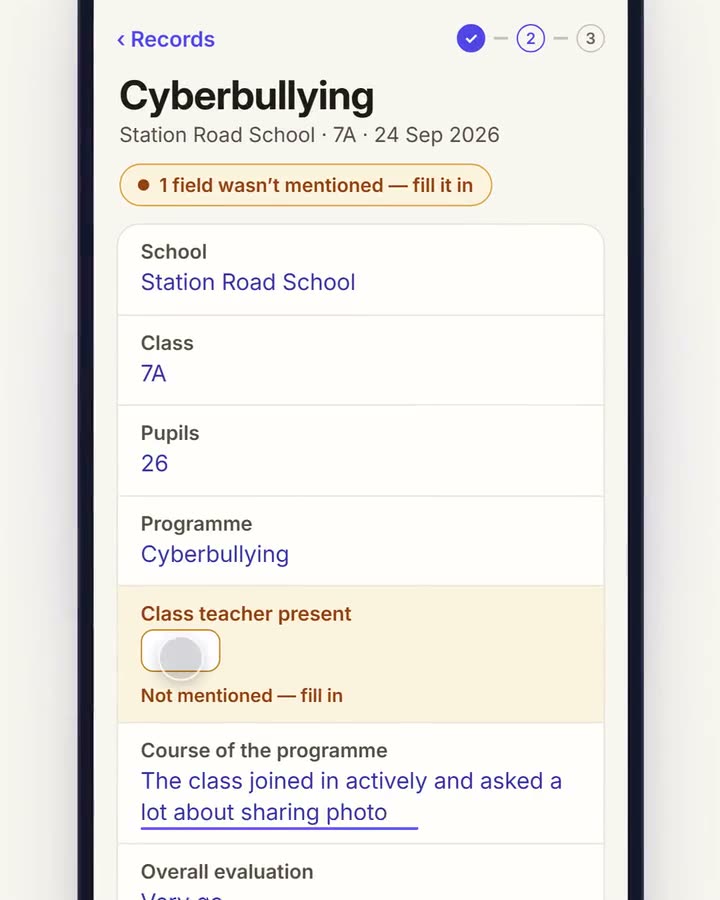Review in the app: the filled-in fields, and one field that wasn’t mentioned, marked for you to fill in.